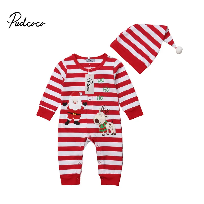 pudcoco Christmas Baby Boy Girl Romper Jumpsuit Clothes Striped Santa