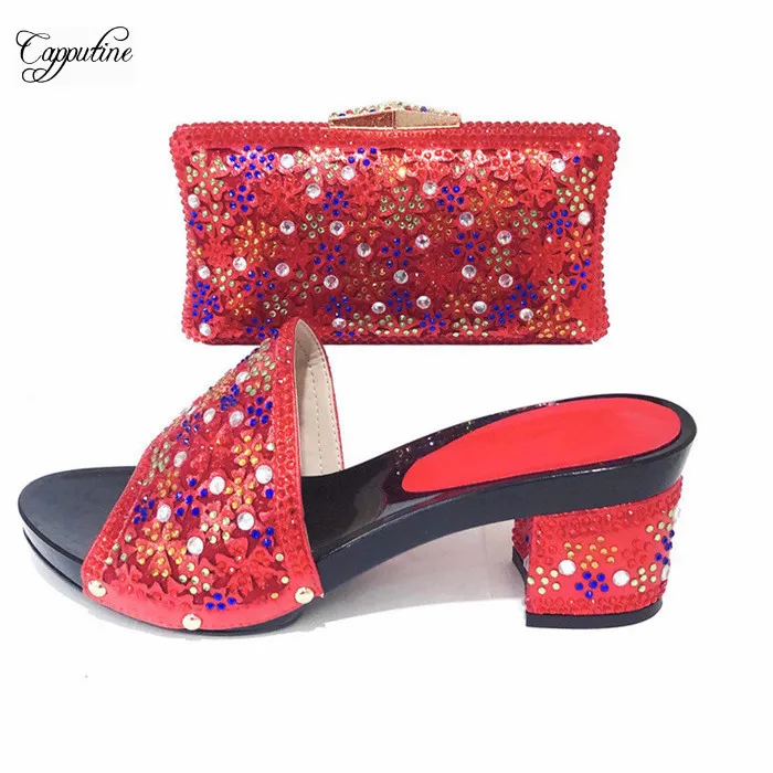 

Beautiful red lady shoes matching with handbag set with colorful rhinestones CSB14 , 6 color on sale