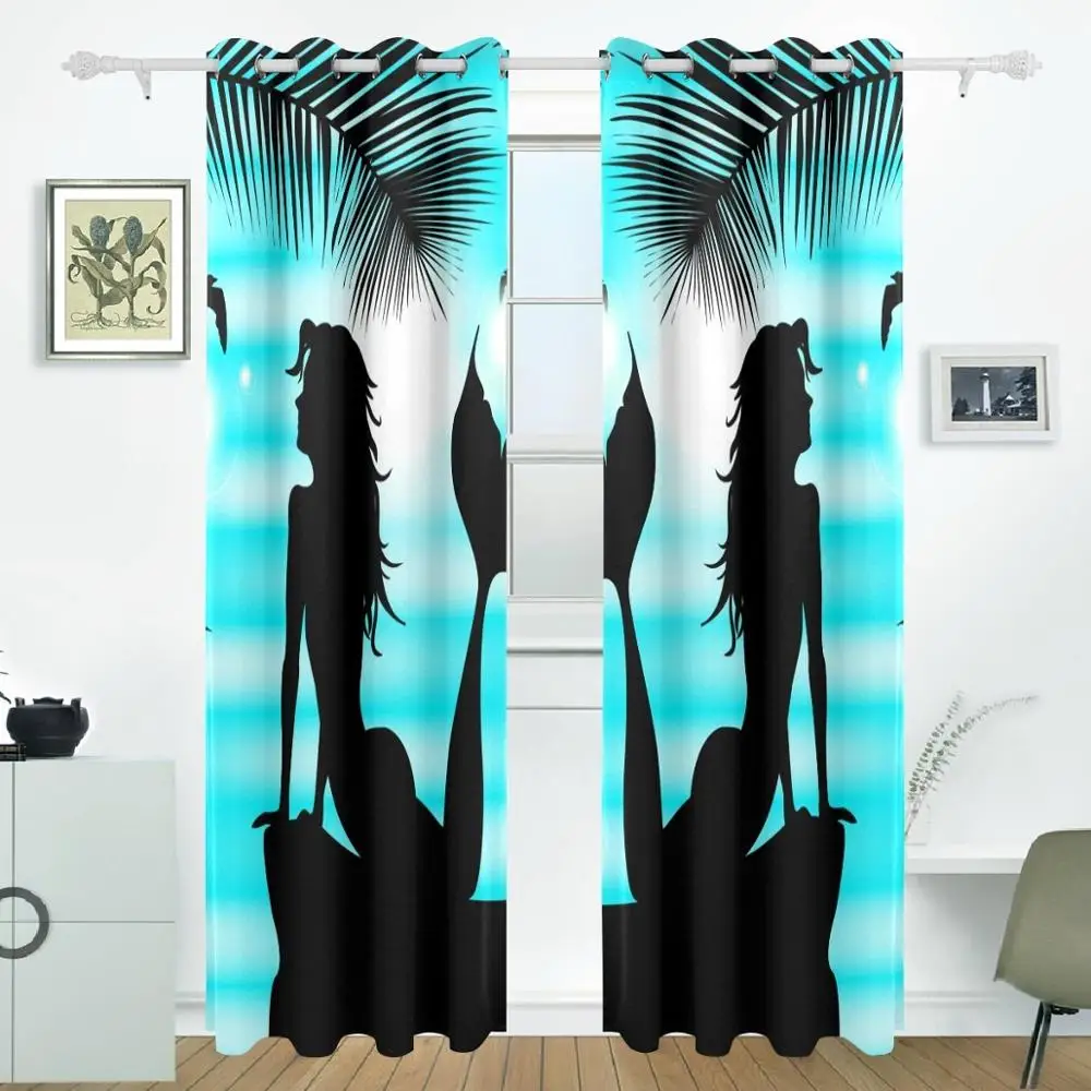 Tropical Palm Leaves Mermaid Curtains Drapes Panels Darkening Blackout