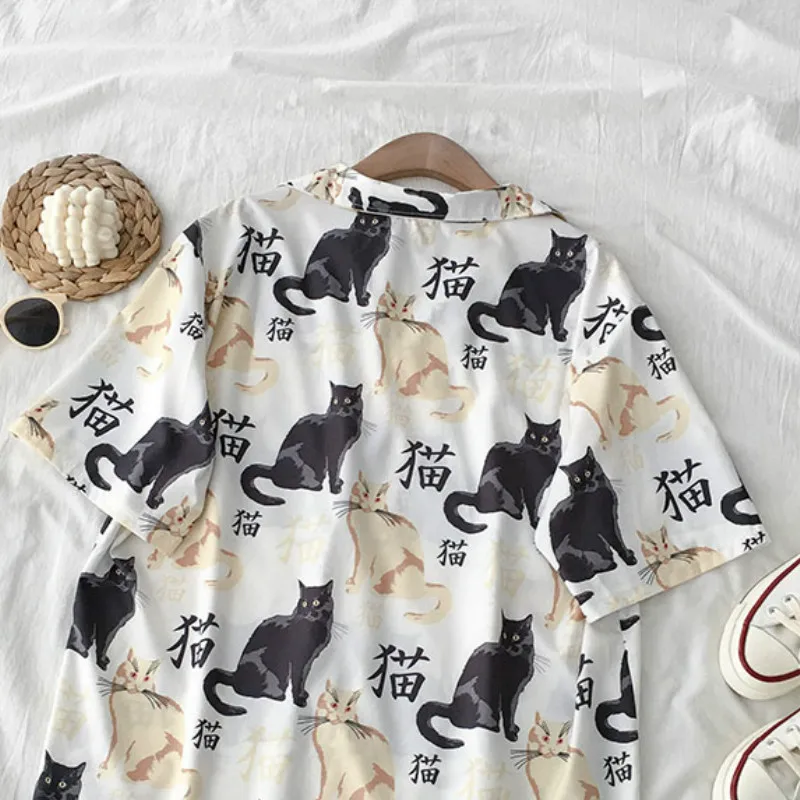 Neploe/винтажная Свободная Женская блузка с принтом кота из мультфильма повседневные летние рубашки с короткими рукавами Топы с отложным воротником Harajuku Kawaii