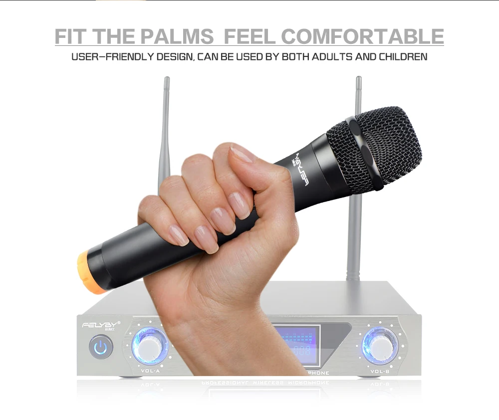 FELYBY Профессиональная студия двойной VHF беспроводной конденсаторный караоке микрофон для компьютера/PC/DVD/tv/динамик с комплекты передатчиков