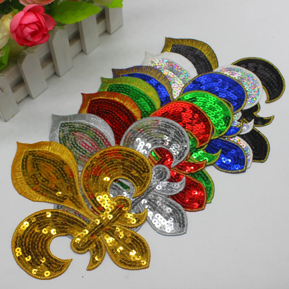 

YACKALASI 6 Pcs/Lot 3D Flower Lotus Sequined Appliqued Fleur De Lis Flower Gold Embroidery Patch Iron On Patches 16.5*14cm