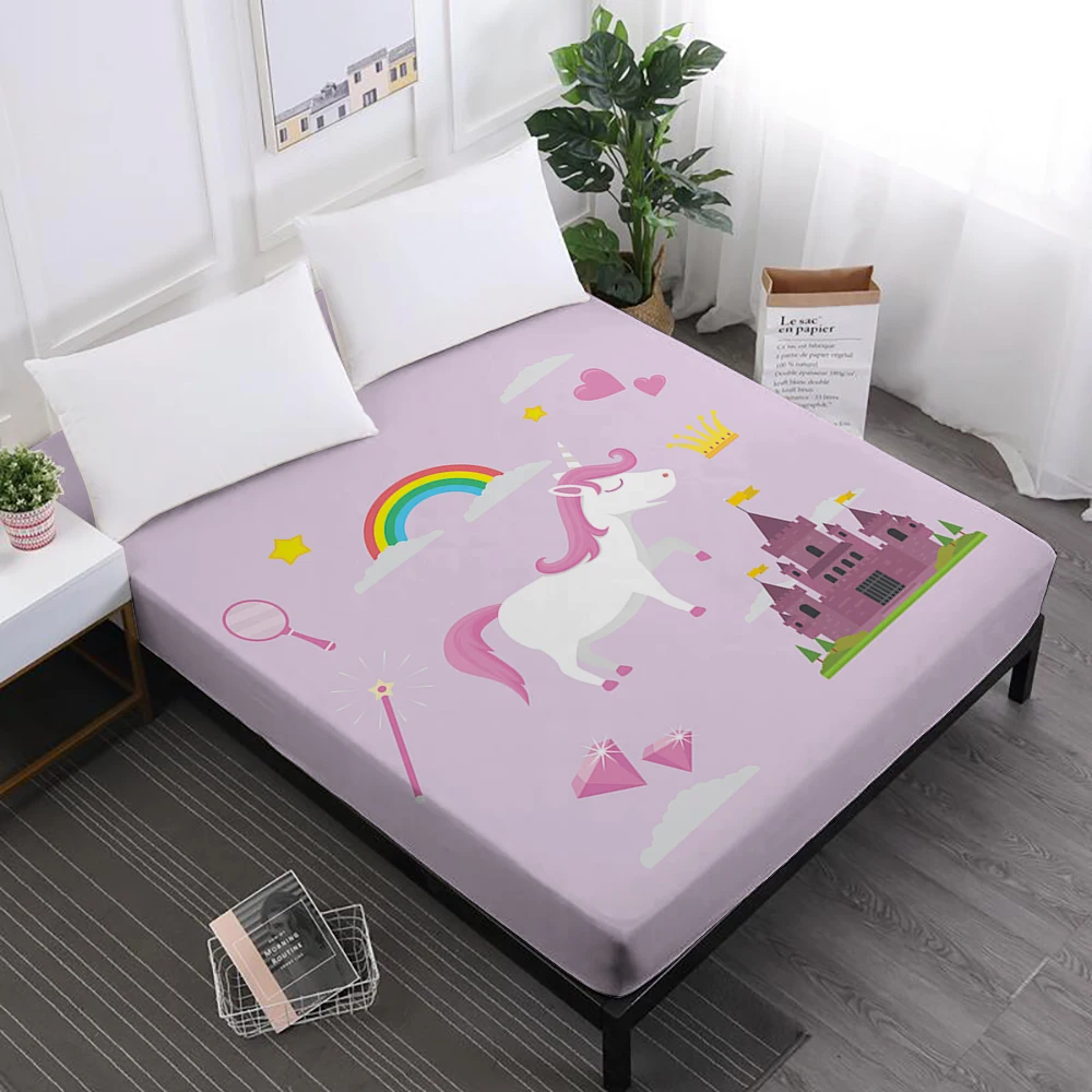 cheap Twin Full Queen King Bed Sheet Unicorn Print Deep Pocket Fitted Sheet Girls Cute Cartoon Mattress Cover Elastic Band D25