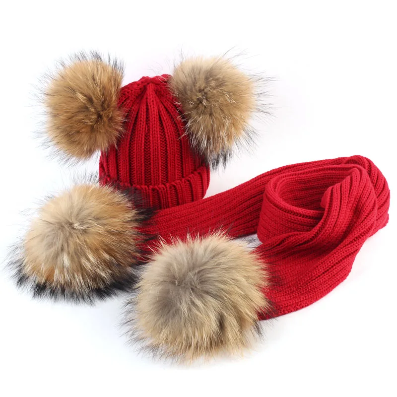 Geebro 2 предмета набор для детей вязаная шапка и шарф с двойным реального помпонами для мальчиков и девочек громоздкая шапочка Шапки с настоящее помпонами - Цвет: Red A