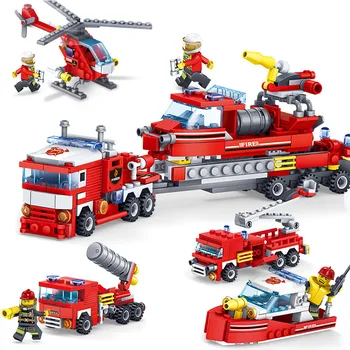 

Fire Fighting 4in1 Trucks Car Helicopter Boat Building Blocks Compatible City Firefighter Figures Children Toys Superman Toys