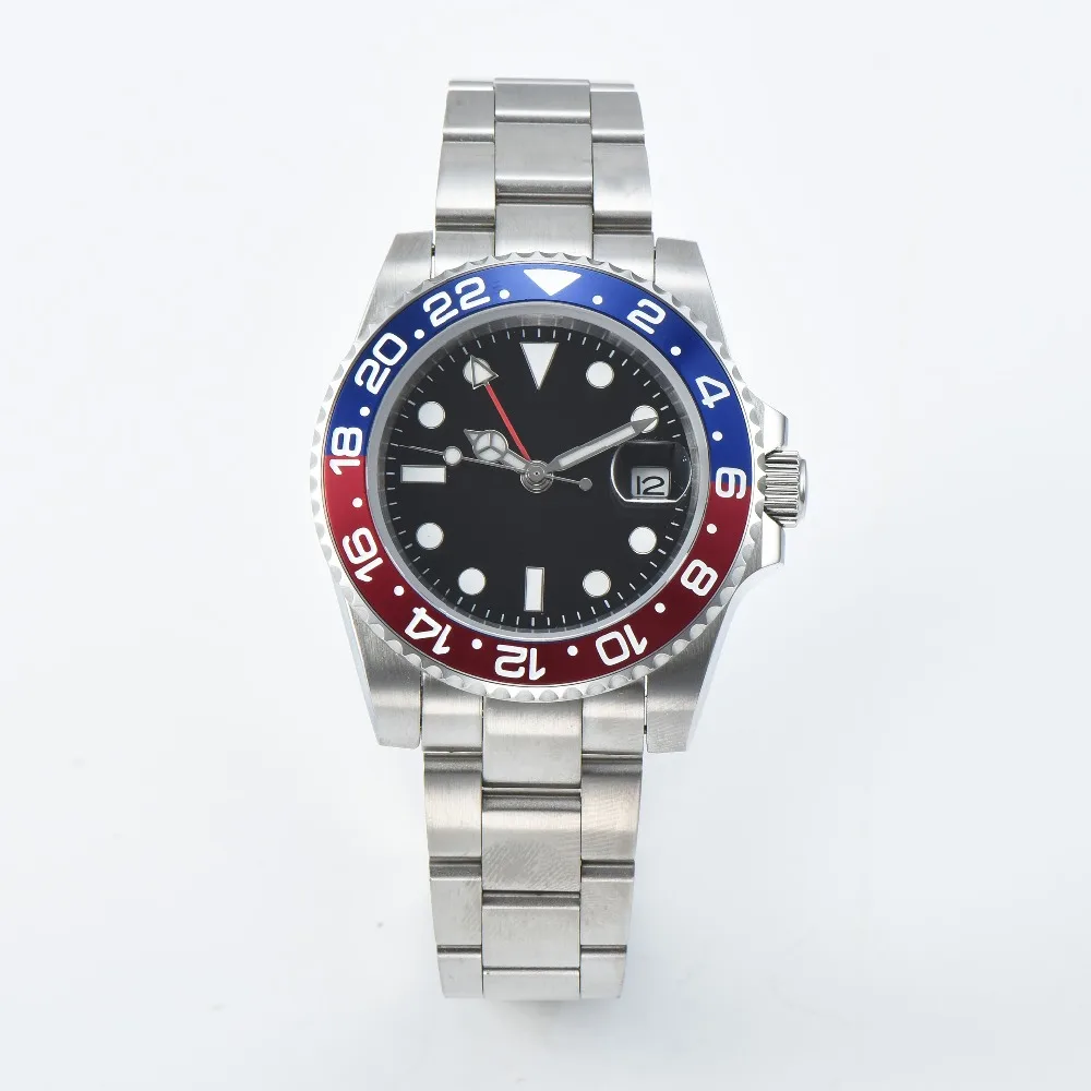 Автоматические наручные часы 40 мм GMT синий и красный ободок стерильный циферблат сапфировое стекло для часов браслет из нержавеющей стали механизм