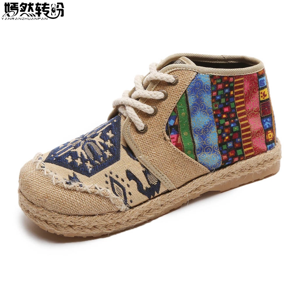 

Vintage Embroidered Women Shoes Thai Boho Cotton Linen Canvas Single National Woven Round Toe Lace Up Cloth Shoes Woman Flats