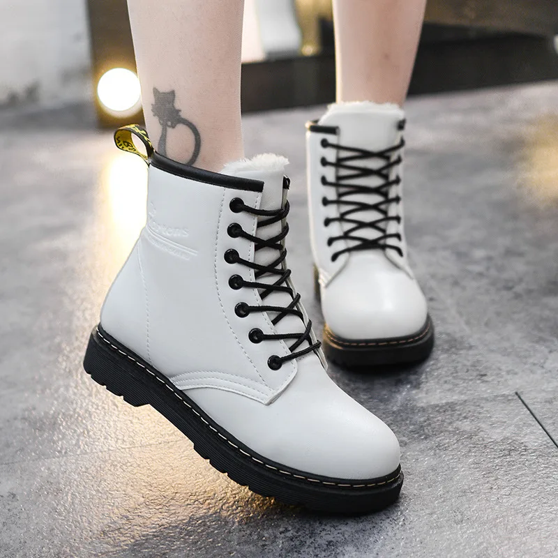 

Student hairy flat bottom short boots women winter thickening Martin boots white red black round head tie PU flat heel boots
