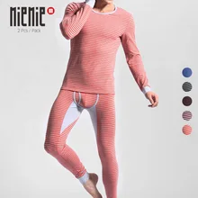 Новинка, 2 комплекта, мужское хлопковое термобелье, в полоску, кальсоны, теплые, с круглым вырезом, нижнее белье, эластичная Пижама, зима, осень