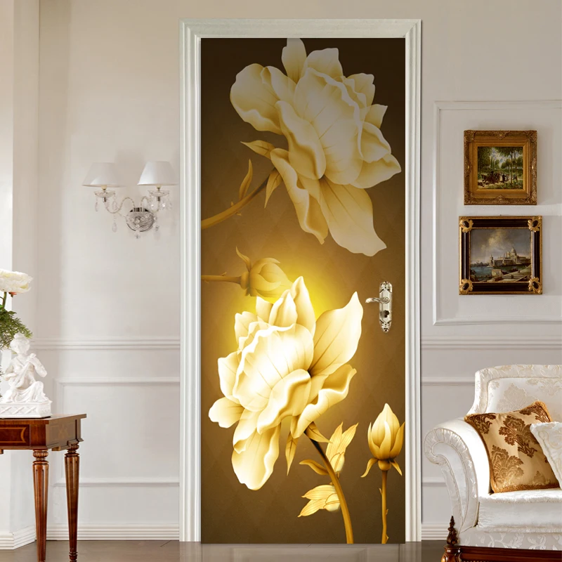 

European Style Retro Golden Flowers Door Sticker Living Room Bedroom Home Decor Decal PVC Self-Adhesive Waterproof Wallpaper 3 D