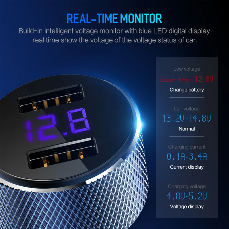 ROCK 5V 3.4A Metal Dual USB Car Charger Digital Display For iPhone X 8 XS MAX 7 Xiaomi Samsung Fast Charging Voltage Monitoring