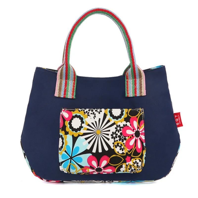 

NEW High Quality Canvas Bags Women Handbags Print floral Female Casual Totes Bolsa Simple Navy Blue Ladies Beach Bags Purse 2019