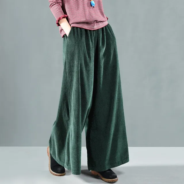 Autumn Winter Retro Casual Corduroy Wide Leg Pants Solid Women Elastic