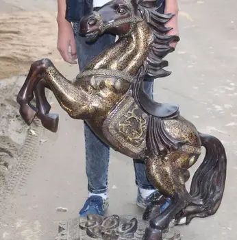 

FREE SHIPPING 39" Chinese Folk Bronze Gilt Wealth YuanBao Coin Success Run Horse Horses Statue