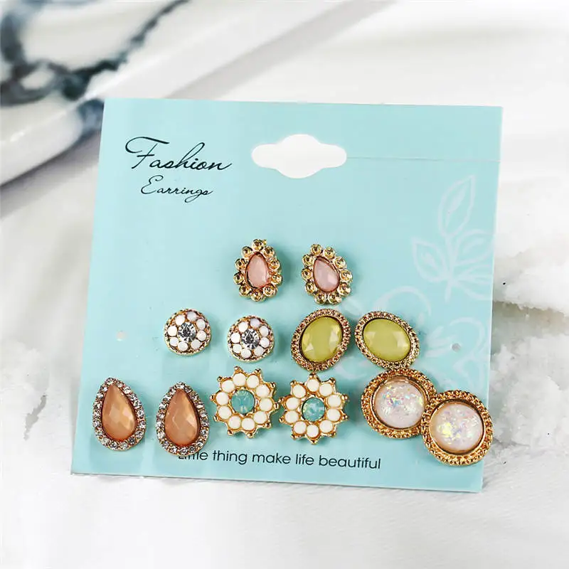 

LUBOV Bohemia Flower Stone Stud Earrings Set For Women Fashion Round Earring Statement Ethnic Party Jewelry Gifts Accessories