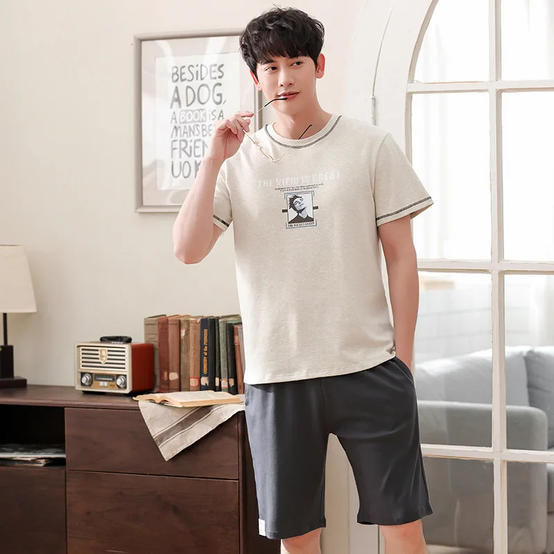 Мужские новые летние корейские хлопковые шорты с коротким рукавом тонкий пуловер Модные Повседневные пижамные комплекты из двух