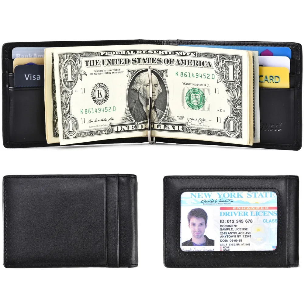 Мужские тонкие двойные кожа короткие бумажник Front Pocket Wallet RFID зажим для денег usd