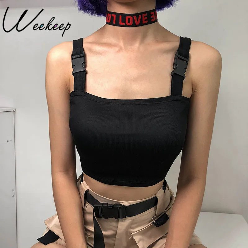 Weekeep femmes noir réglable boucle débardeur été recadrée Streetwear débardeur s 2018 Sexy dos nu manches haut court
