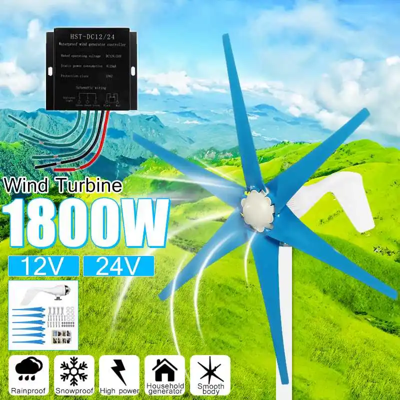 

S2 1800W 12V/24 V 6 Blade Wind Turbines Generator + Wind Controller Home Wind Generator Power Windmill Energy Turbines Charge