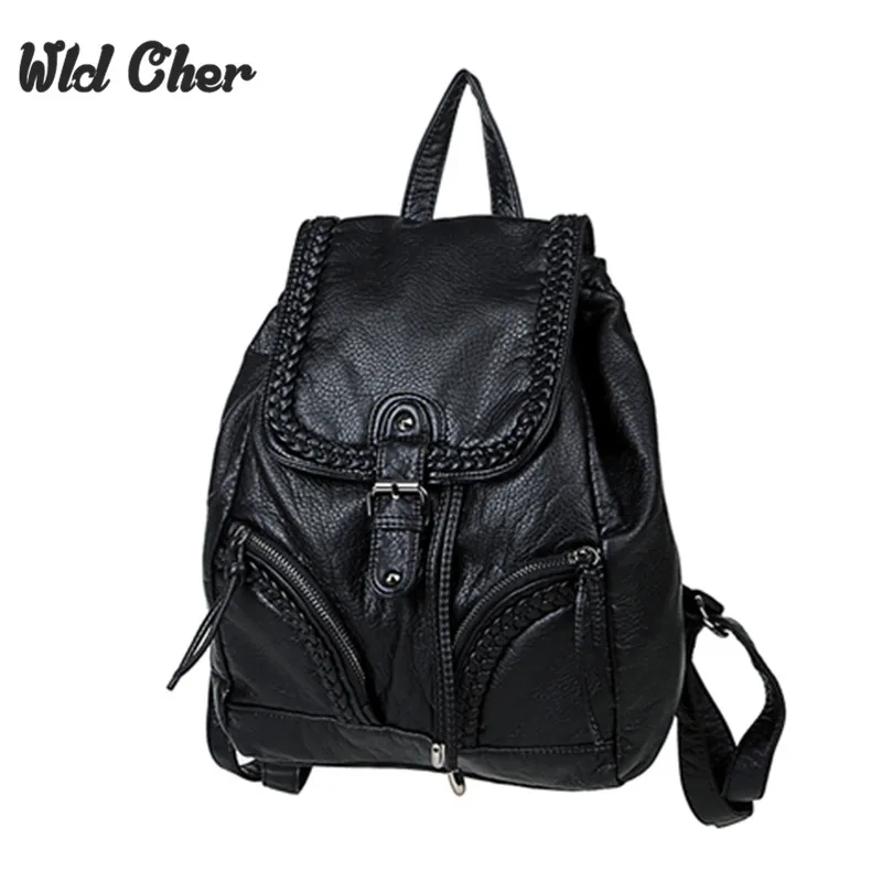 

2017 Black Color Washed Leather Backpacks Korean Style 2017 Women Backpack Daily Waist PackTravel Bags Genuine Leather