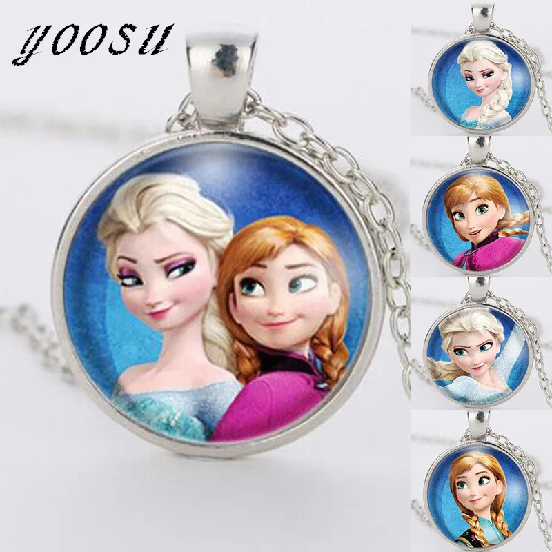 

2018 New Ladies The Long Chain Jewelry Necklace Crystal Cabochon Princess Elsa Anna Snow Queen Pendant Necklace For Girls