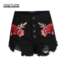 Хлопок Лето Джинсы для женщин Шорты для женщин Высокая талия женские 3D Вышивка свободные сексуальные Повседневное отключений черные рваные шорты из денима