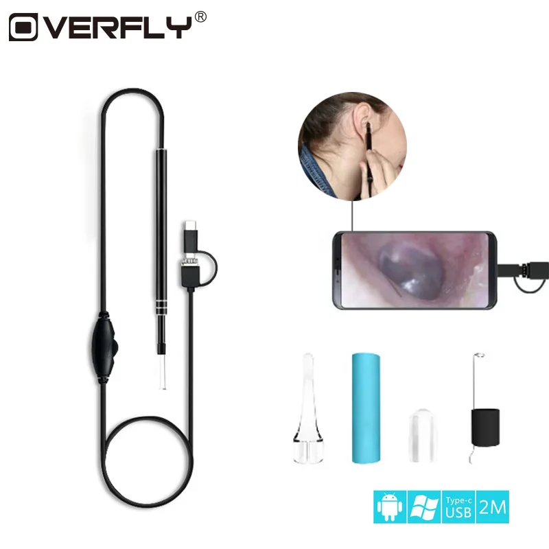 

Overfly 3 in 1 Ear Cleaning Endoscope 5.5MM HD Visual Ear Health Cleaning Tool Mini Camcorders Ear Spoon Earpick Mini Camera
