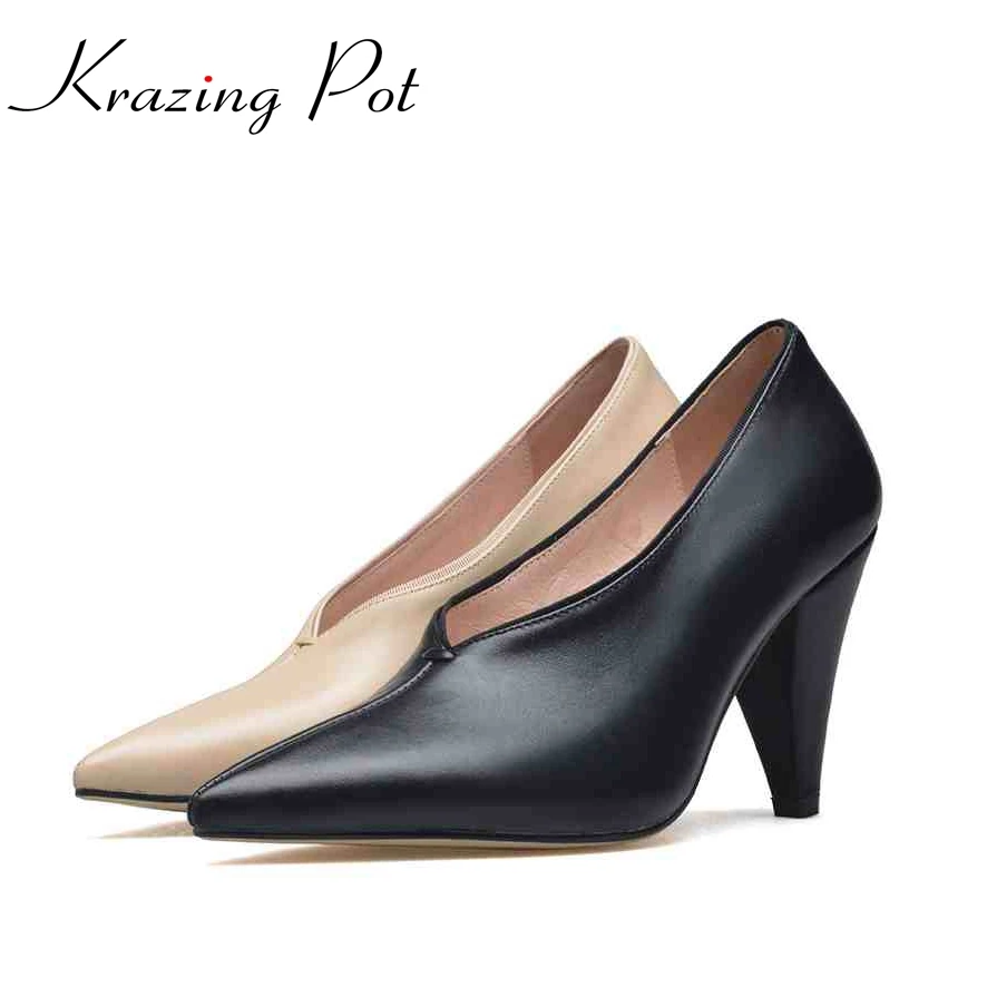 Krazing Pot fashion brand shoes genuine leather slip on pointed toe concise lazy style strange high heels women cozy pumps L73 Krazing Pot fashion brand shoes genuine leather slip on pointed toe concise lazy style strange high heels women cozy pumps L73