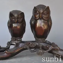 1" Китайский Бронзовый медный Животных Два сова птица цветка сливы Скульптура Статуя
