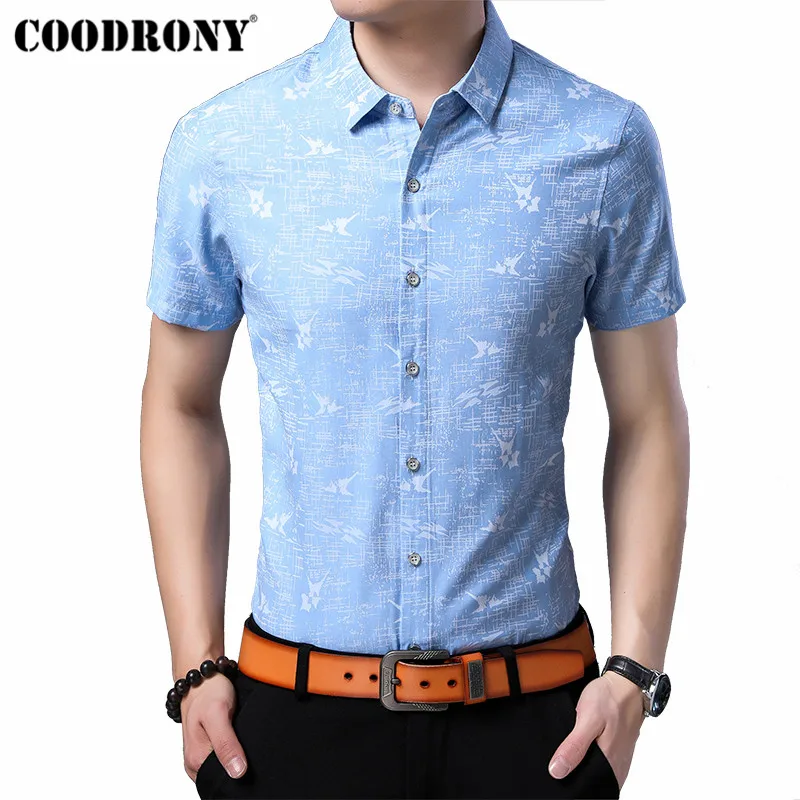 

COODRONY Soft Cotton Men Shirt 2019 Summer Short Sleeve Shirt Men Clothes Streetwear Fashion Print Slim Fit Casual Shirts S96064