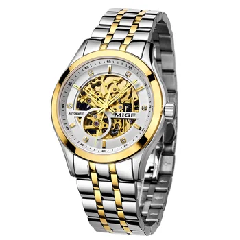 

Mige 2017 New Real Hot Sale Skeleton Mechanical Mans Watch Automatic Movement Waterproof White Gold Steel Watchband Man Watches