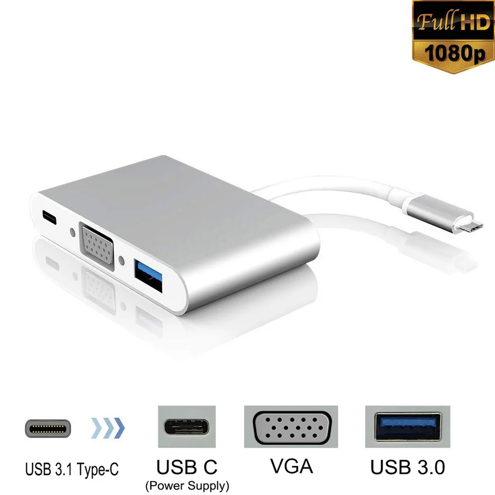 

3 in 1 USB 3.1 USB C to VGA Multiport Adapter USB 3.0 Hub Type-C Female Charging Port & Video & Audio Converter for MacBook Pro
