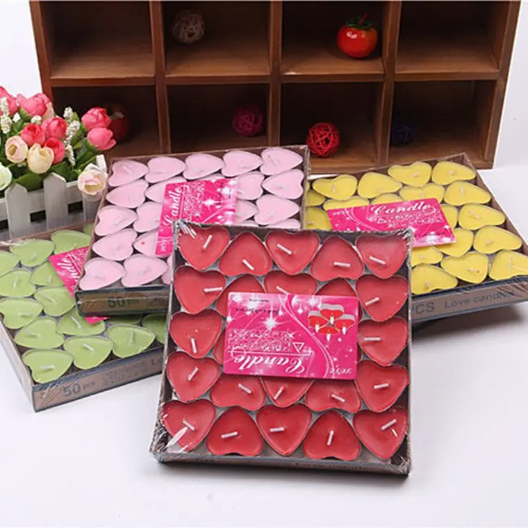 

50pcs Heart Shape Candles with Package High Quality Tea Light Decorative Candles for Brithday Wedding Valentine's Day