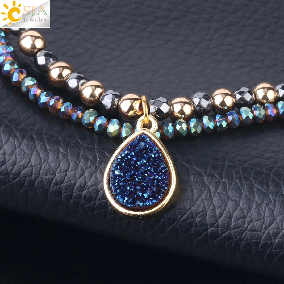 CSJA Natural Stone Bracelets Geode Druzy Crystal Bracelet Summer Statement 2 Strand Beads Women Hematite Pulsera Jewelry S235