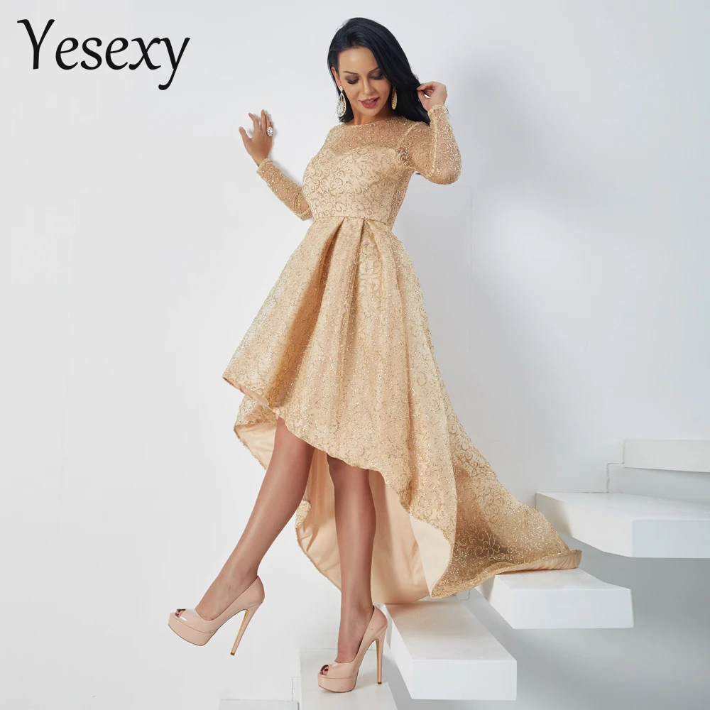 Yesexy 2020 женские сексуальные блестящие платья с длинным рукавом и круглым вырезом