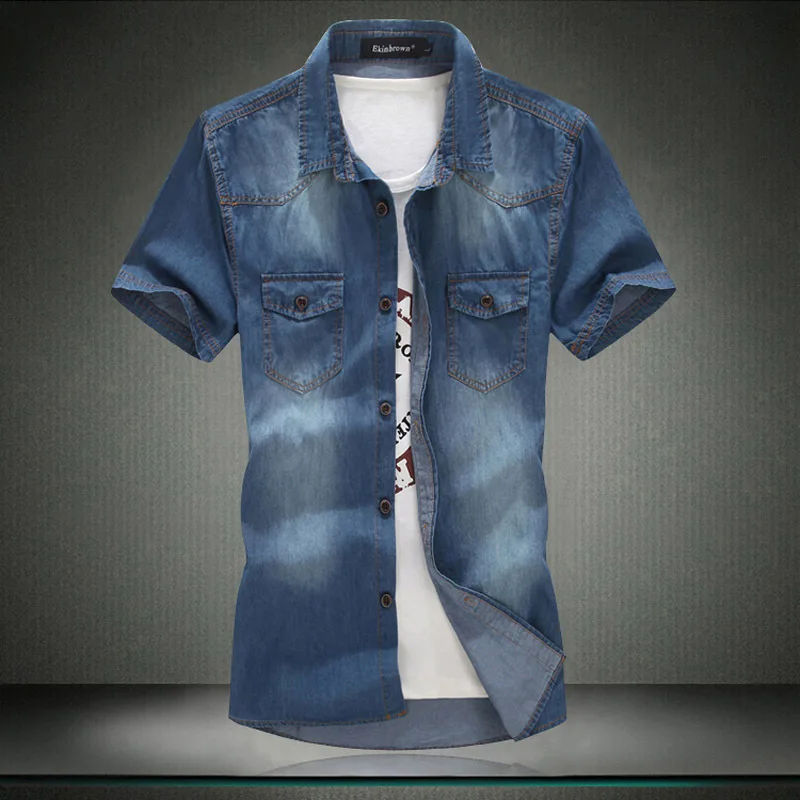 Большие размеры! джинсовые мужские новые мужские джинсовые рубашки для мытья воды мужские топы с коротким рукавом с цветочным принтом, однотонные джинсовые рубашки для мужчин M-6XL - Цвет: Deep Blue