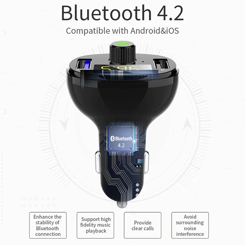 VicTsing Wireless Bluetooth Car FM Transmitter Radio Hands-Free Car Kit Double USB Charger Fast Charging Module Black 5V3A      (6)
