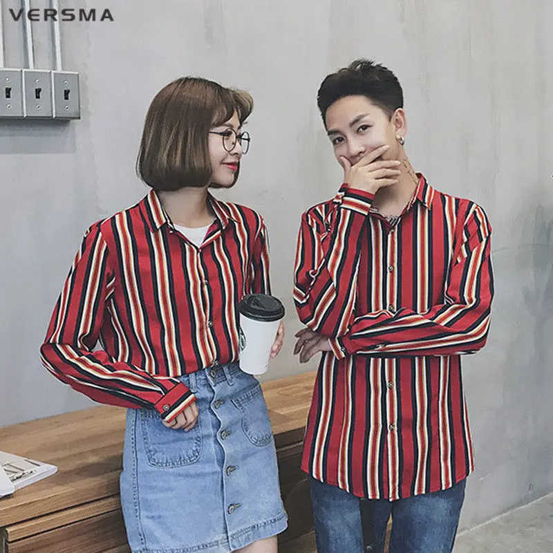 VERSMA в Корейском стиле Ulzzang Harajuku Винтаж в полоску пара Для мужчин рубашка Летняя одежда в стиле «хип-хоп» большого размера, с длинным рукавом рубашка Для мужчин в Корейском стиле Костюмы 5XL - Цвет: Red