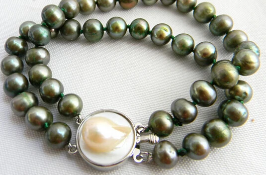 

01436 2Strands 8''Round Green Freshwater Pearl Bracelet