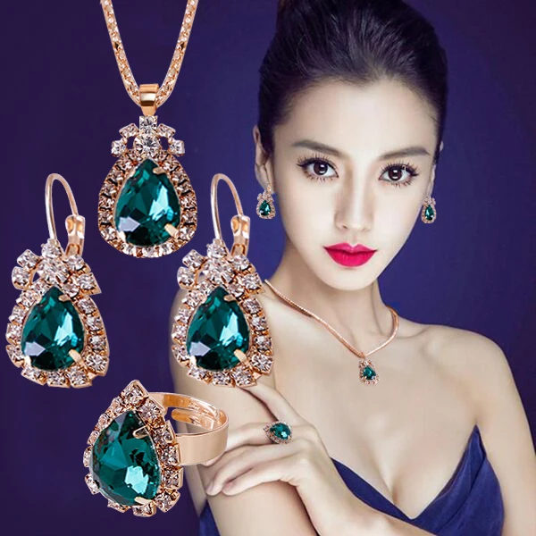 

Romantic fine bride 3P Sets Geometry water drop crystal necklace earrings ring Jewelry Set for women fashion Wedding Bijoux