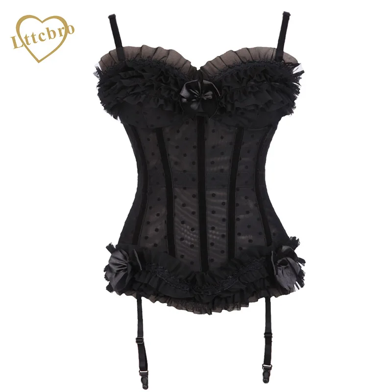 Black Mesh Corset Polka Dot Corset Bow Detail Lace Supender Ruffles