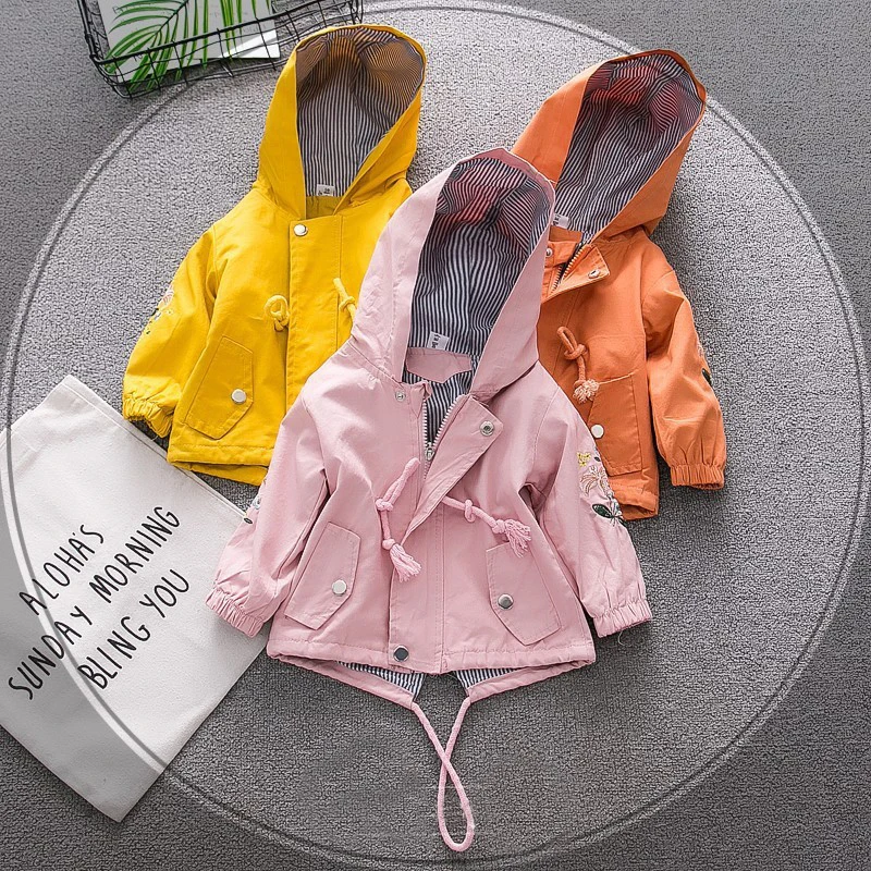 

2019 Spring Baby Girl Coat High Quality Hooded Appliques Pockets Cotton Striped Inside Fashion Girl Outfit Coats Newborn Clothes