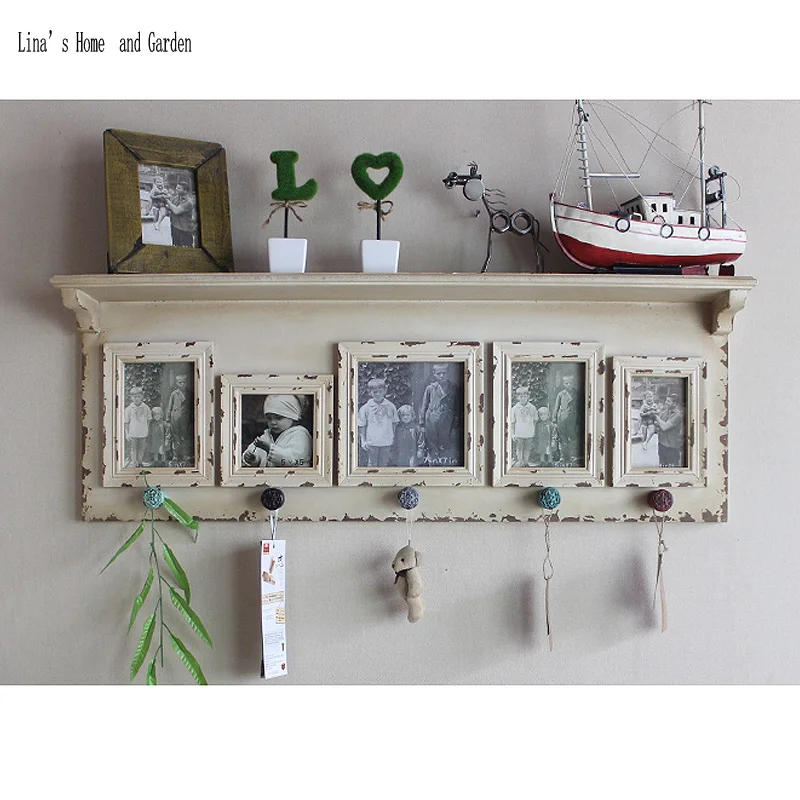 

handmade country shabby white wooden antique photo frame shelf with hooks