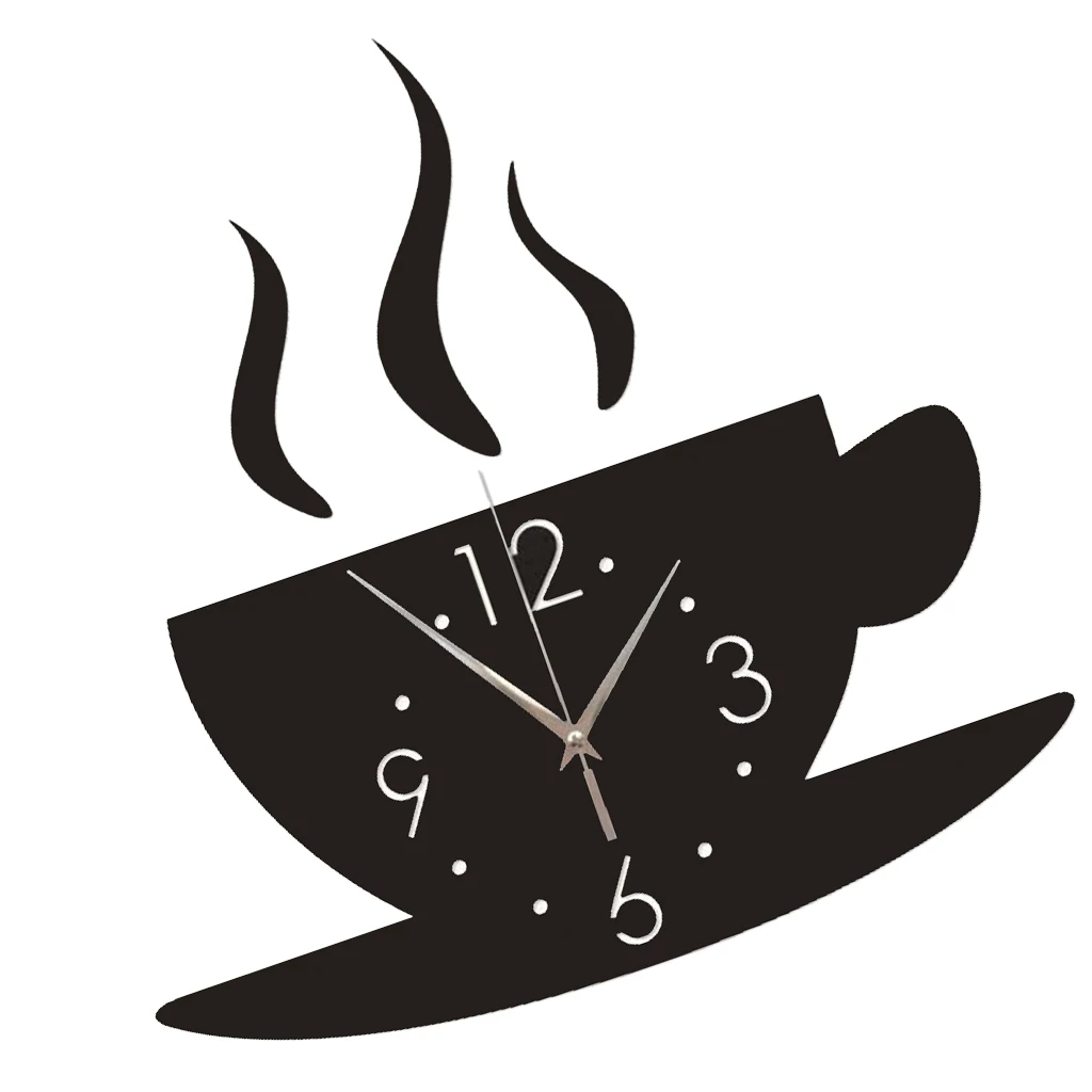 3D DIY Sticker Wall Clock, Mirror Effect Coffee Cup Shaped Large DIY Wall Clock for Living Room Bedroom Office, Easy to Install