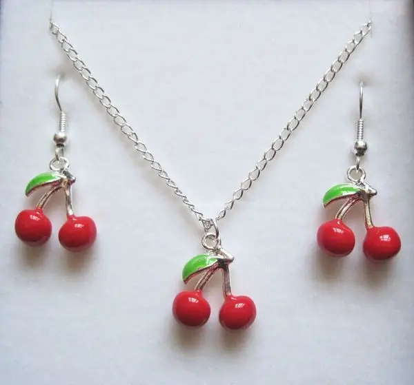 5Set *BUNCH OF CHERRIES* Red Enamel Silver Plated Necklace Earrings Set