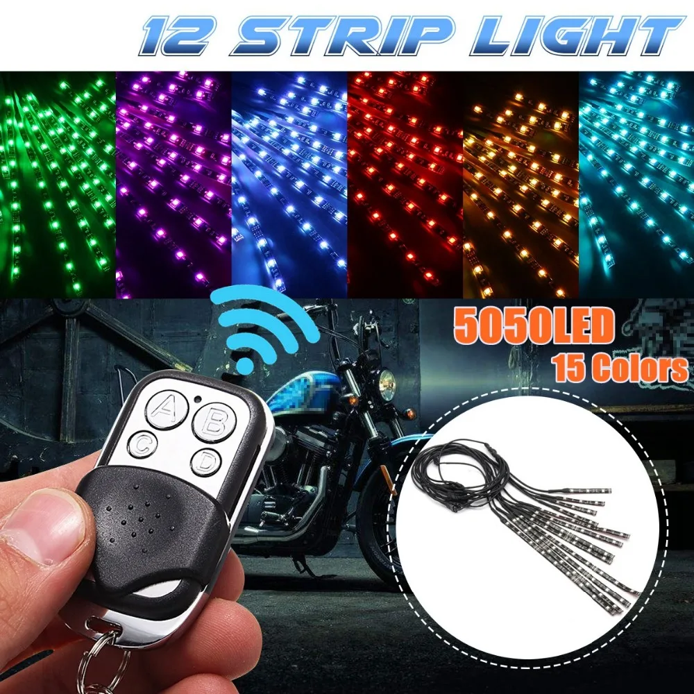

1set MultiColor Glow Neon Wireless Remote Motorcycle 5050 LED Flashing Light 12 Strips 50W