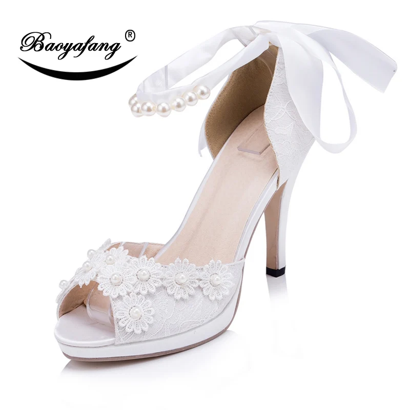 

BaoYaFang White Peep Toe Ankle strap Shoe Bridal Wedding shoes Woman High Heels Flower Wedding shoes Bride Sweet Party Heels