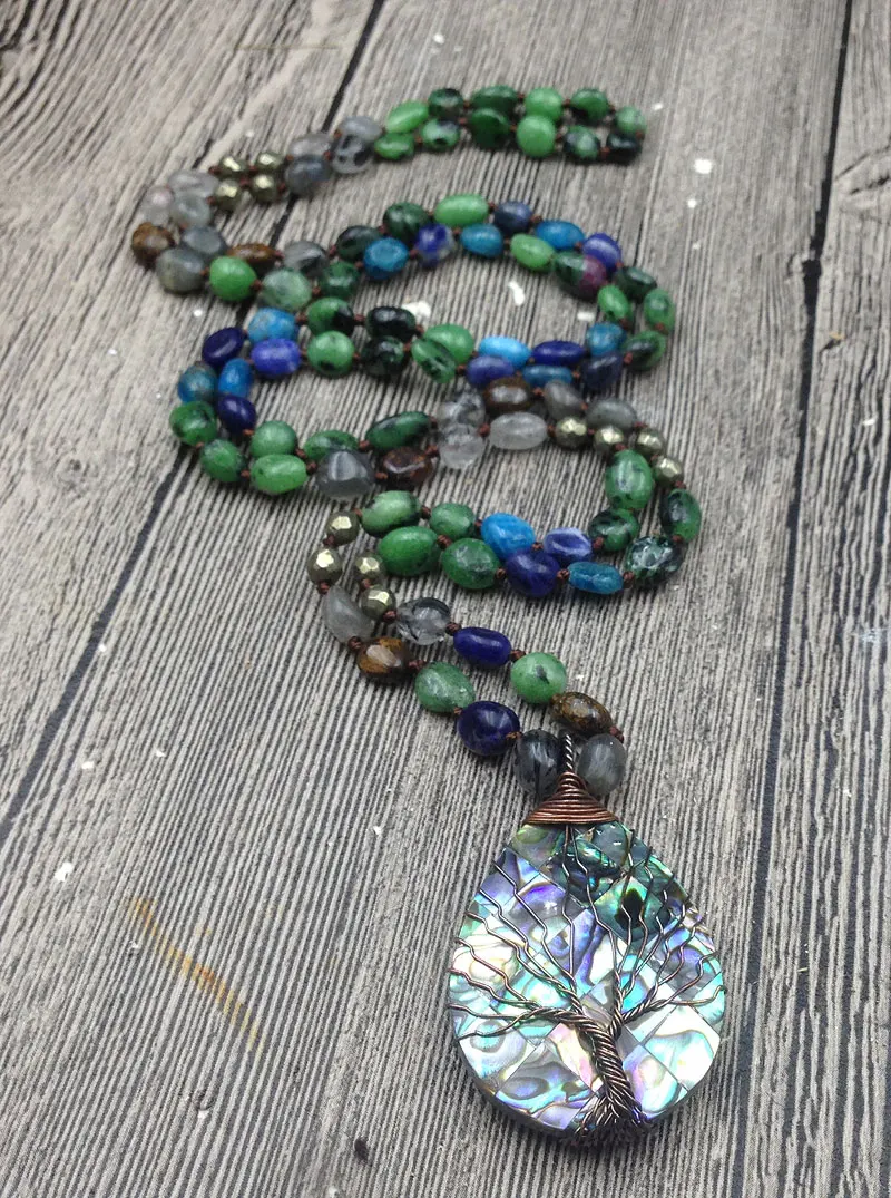 

YA2979 Abalone Shell Wire Tree Of Life Pendant Nuggets Stone Beads Knot Handmade Necklace