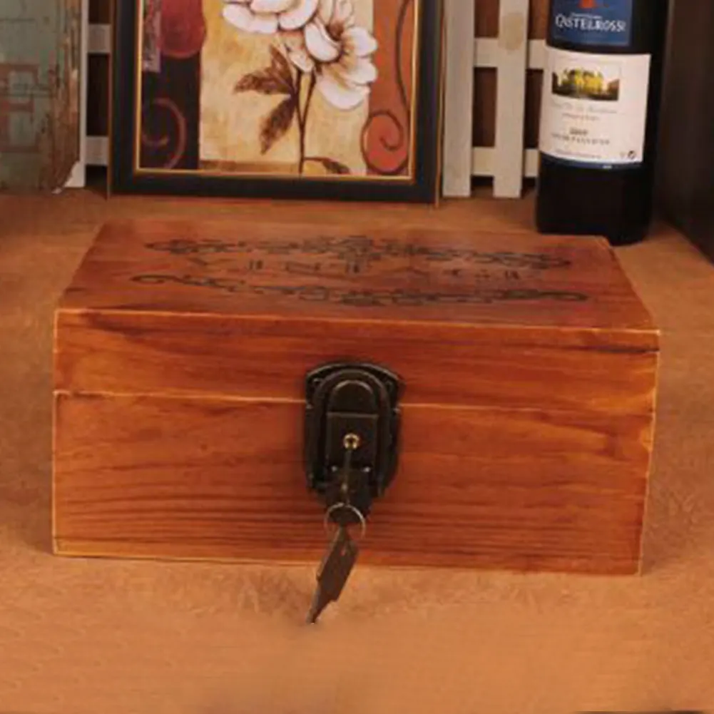 

Vintage Style Living Room Wardrobe Jewelry Storage Box Study Bedroom Safe Office Lockable Printed Stationery Wooden Smooth