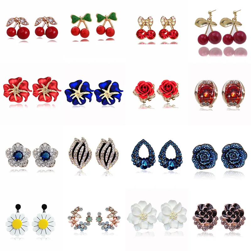 

Cute Fruit Pendant Pearl Earrings Small Cherry Micro-set Crystal Rose Flower Earrings Alloy Jewelry for Party Women Jewelry Gift